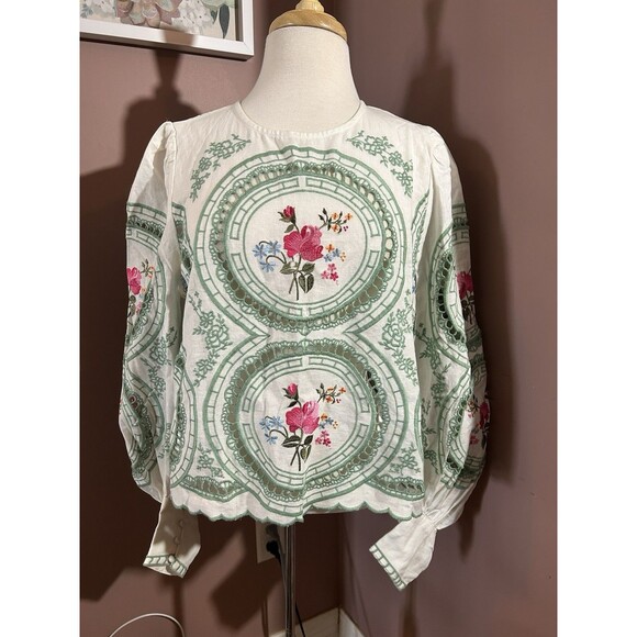 ASOS Tops - ASOS Long Sleeve Blouse Womens Size 10 Cotton Linen Lace Trim Embroidery New
